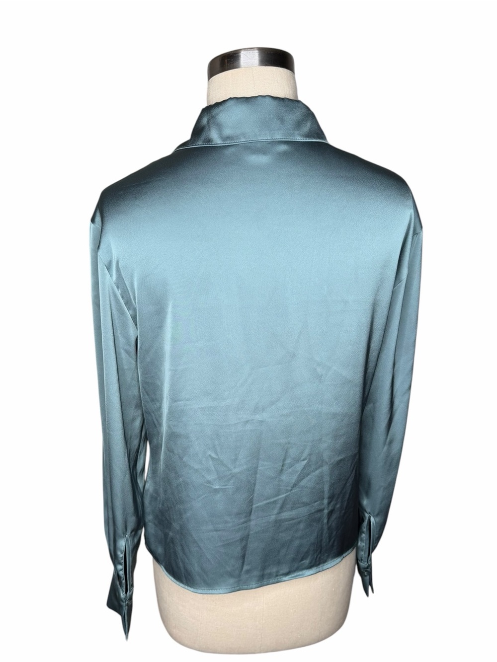 EVEREVE Carrie Double Zip Satin Shirt Dusty Teal Collared Blouse Women's Size XS - Picture 4 of 6